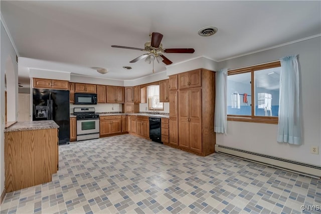 kitchen with a baseboard radiator, ceiling fan, crown molding, and black appliances