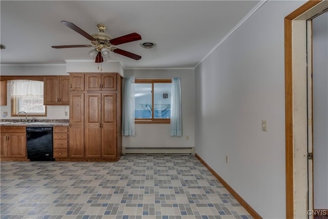 kitchen featuring sink, crown molding, black dishwasher, ceiling fan, and a baseboard heating unit