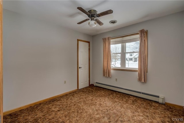 carpeted empty room featuring ceiling fan and a baseboard radiator