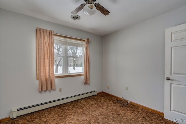 carpeted spare room featuring ceiling fan and baseboard heating