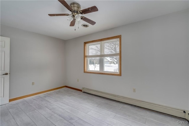 spare room with ceiling fan, a baseboard radiator, and light hardwood / wood-style flooring