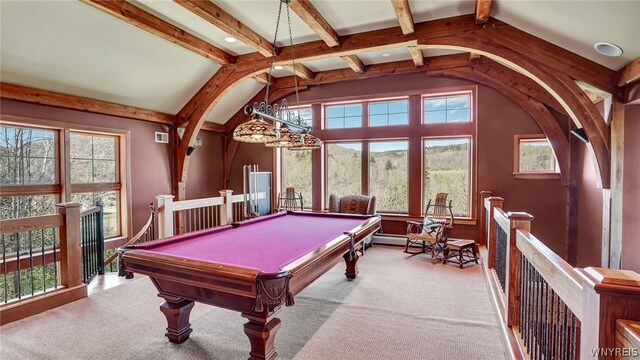 rec room with lofted ceiling with beams, a healthy amount of sunlight, and pool table