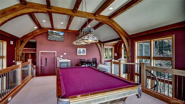 playroom with lofted ceiling with beams and pool table