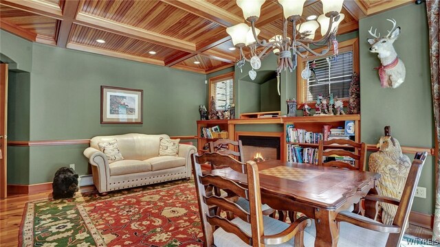 dining space with hardwood / wood-style flooring, beam ceiling, wooden ceiling, and coffered ceiling