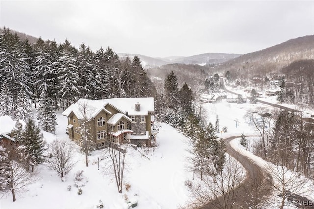 snowy aerial view with a mountain view