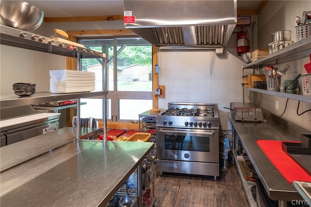 kitchen featuring range with two ovens and dark hardwood / wood-style flooring