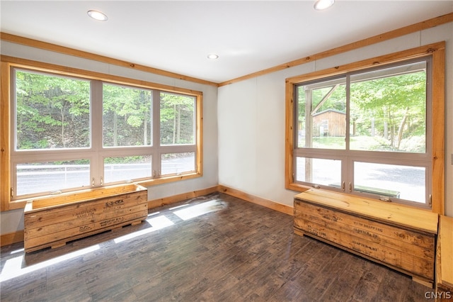 spare room with plenty of natural light, dark hardwood / wood-style floors, and crown molding