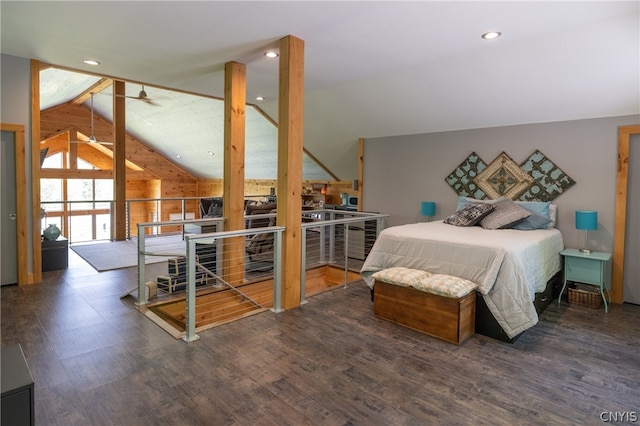 bedroom featuring dark hardwood / wood-style floors and lofted ceiling