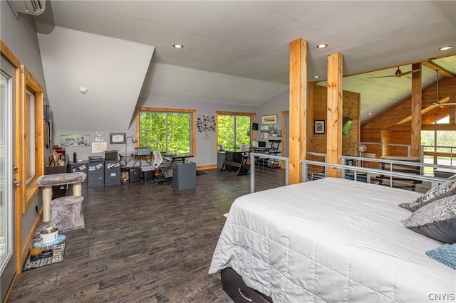 bedroom featuring dark wood-type flooring and lofted ceiling