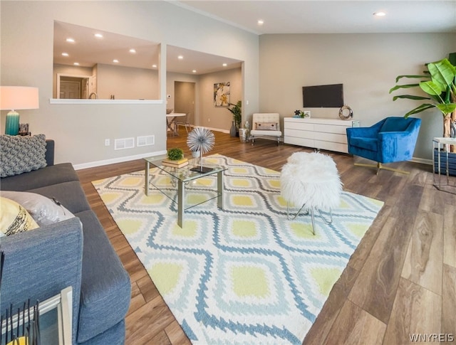 living room with wood-type flooring and lofted ceiling