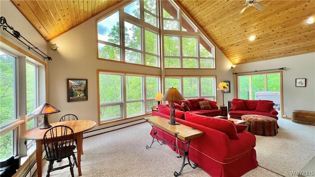 carpeted living room with a baseboard heating unit, high vaulted ceiling, a healthy amount of sunlight, and wood ceiling