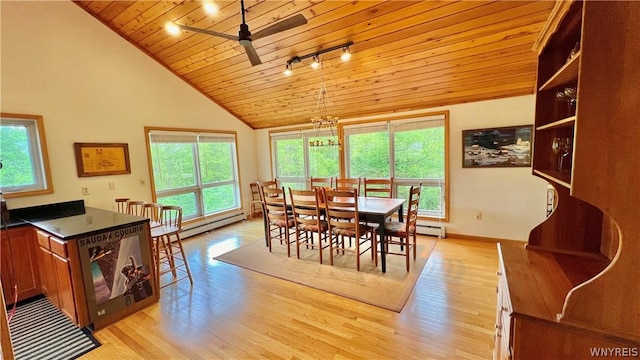 dining room featuring wood ceiling, a wealth of natural light, and light hardwood / wood-style flooring