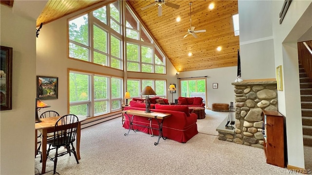 living room with carpet flooring, ceiling fan, high vaulted ceiling, and wooden ceiling