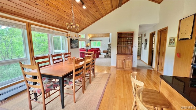 dining area with wooden ceiling, a baseboard radiator, an inviting chandelier, high vaulted ceiling, and light hardwood / wood-style floors