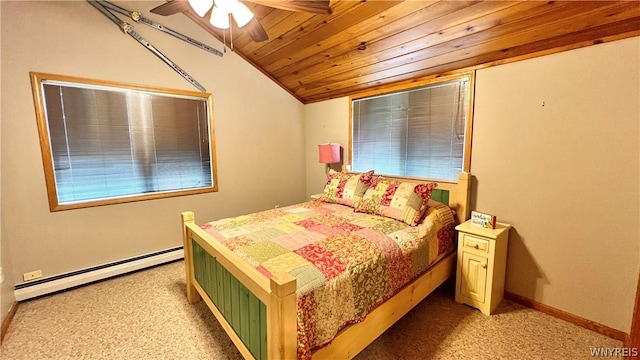 bedroom featuring ceiling fan, wooden ceiling, baseboard heating, light colored carpet, and vaulted ceiling