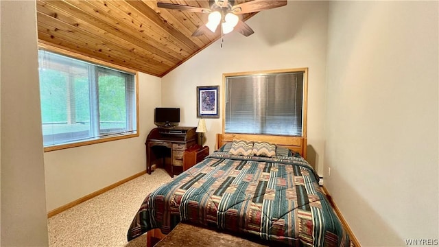 bedroom featuring carpet floors, ceiling fan, lofted ceiling, and wood ceiling