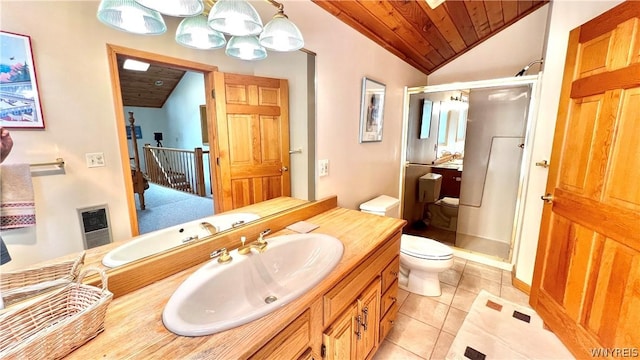 bathroom featuring vanity, wooden ceiling, tile patterned floors, vaulted ceiling, and toilet