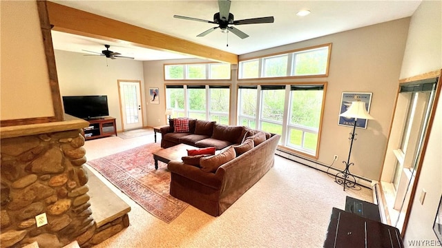 living room featuring beamed ceiling, carpet flooring, a baseboard radiator, and ceiling fan