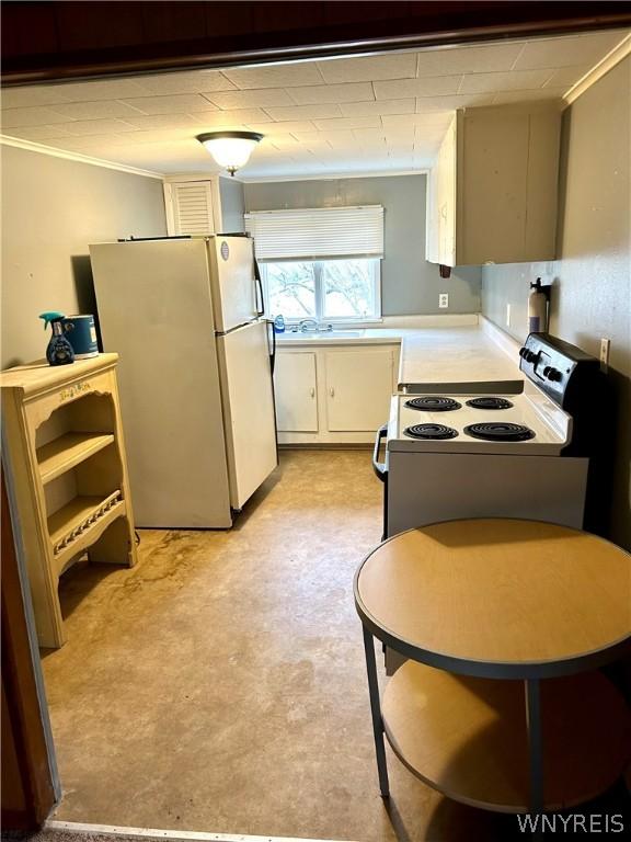 kitchen featuring electric stove, crown molding, and white refrigerator