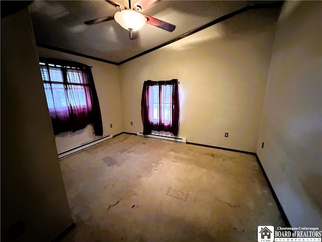 empty room featuring a baseboard heating unit and ceiling fan