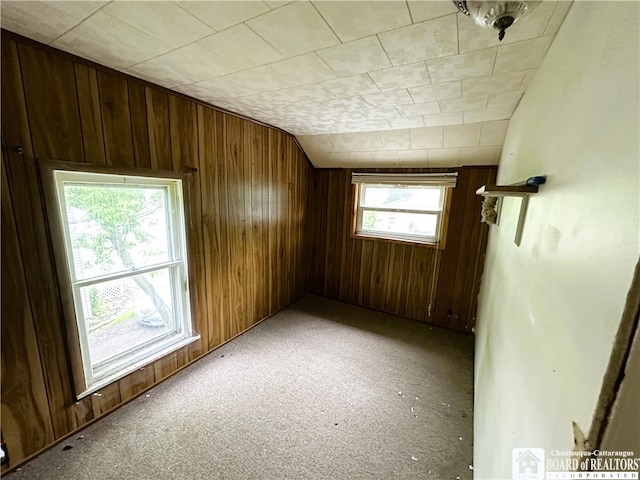 spare room featuring wooden walls and lofted ceiling