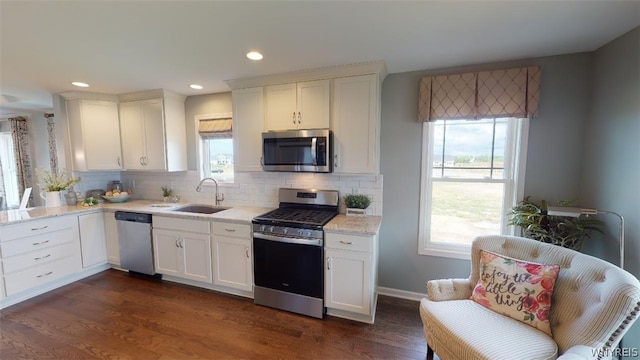 kitchen with backsplash, appliances with stainless steel finishes, dark wood finished floors, and a sink