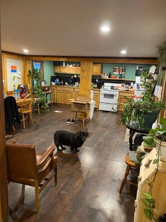 living room with dark hardwood / wood-style flooring and bar