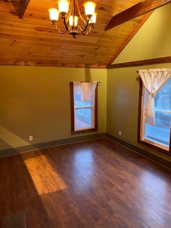 additional living space with a wealth of natural light, wood ceiling, dark wood-type flooring, a chandelier, and vaulted ceiling with beams