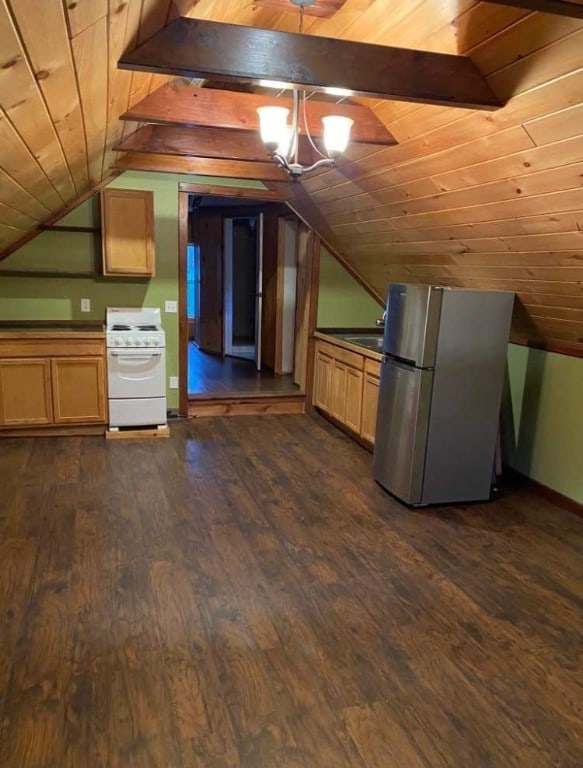 bonus room featuring dark hardwood / wood-style flooring, vaulted ceiling, and wooden ceiling