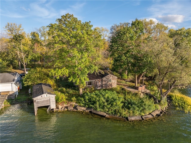 drone / aerial view with a water view