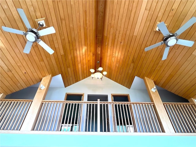 interior details with ceiling fan, beamed ceiling, and wood ceiling