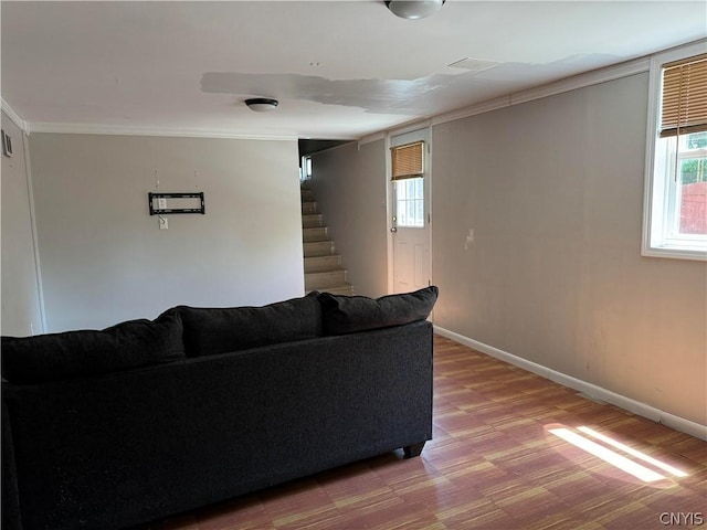 living room with crown molding and hardwood / wood-style flooring