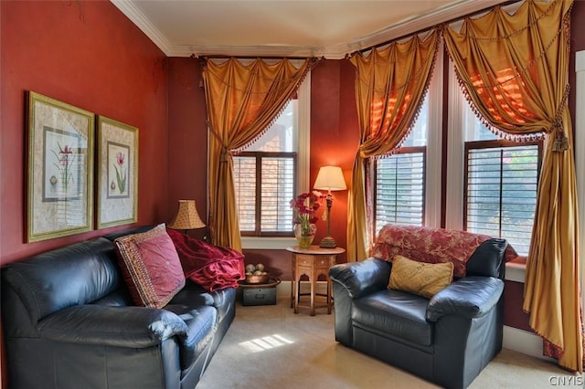 sitting room with crown molding and light carpet