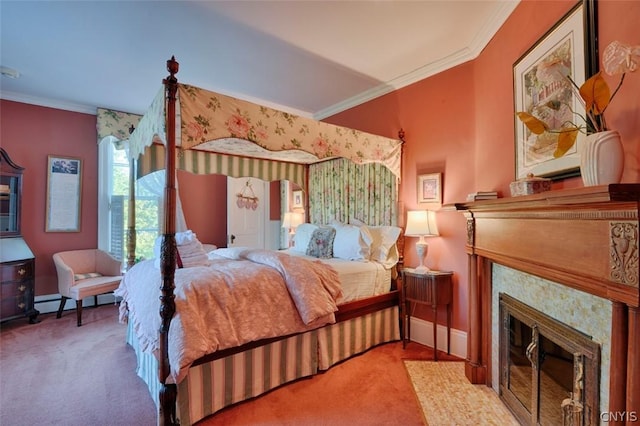 bedroom with crown molding and light carpet