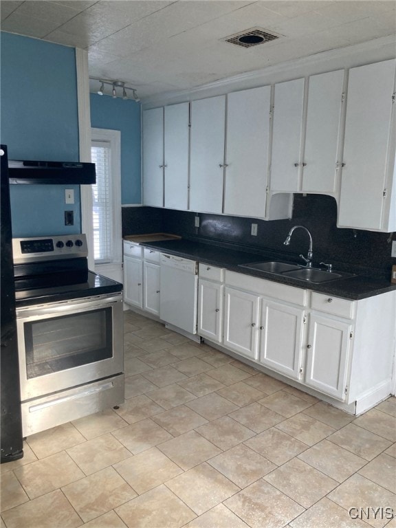 kitchen featuring sink, white cabinets, dishwasher, decorative backsplash, and electric stove