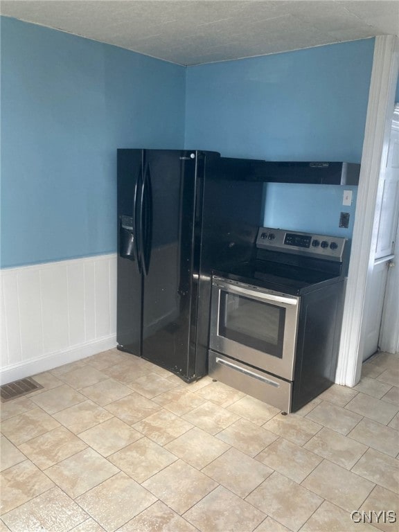 kitchen featuring a textured ceiling, black fridge with ice dispenser, and stainless steel electric stove