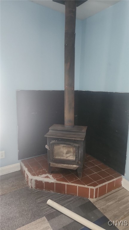 room details featuring a wood stove