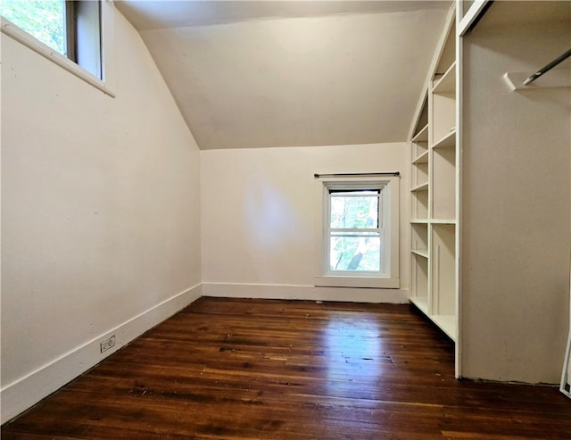 interior space with vaulted ceiling and dark hardwood / wood-style floors