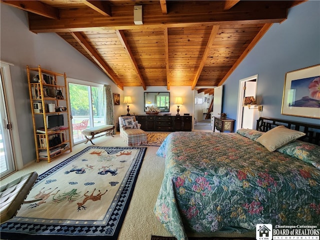 bedroom featuring carpet, lofted ceiling with beams, and wooden ceiling