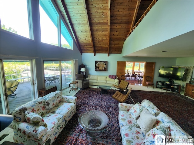 living room featuring beam ceiling, high vaulted ceiling, and wood ceiling