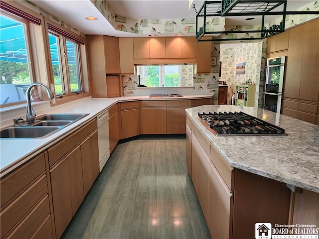 kitchen featuring stainless steel appliances, sink, and light hardwood / wood-style flooring