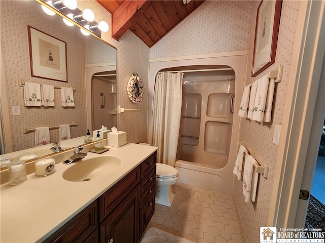 full bathroom featuring tile flooring, vaulted ceiling with beams, wood ceiling, large vanity, and toilet