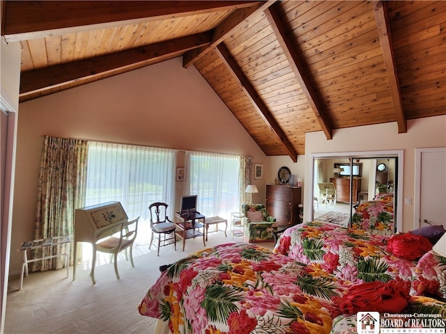 interior space with high vaulted ceiling, beamed ceiling, carpet, and wooden ceiling