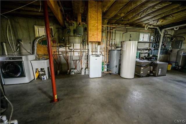 basement with sink, separate washer and dryer, and water heater