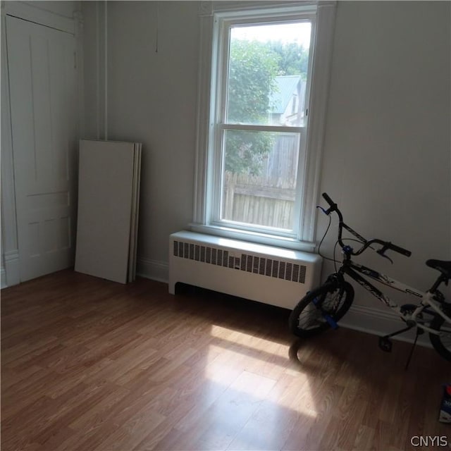 spare room with radiator heating unit and wood-type flooring