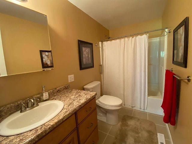 full bathroom with tile patterned flooring, vanity, toilet, and shower / bathtub combination with curtain