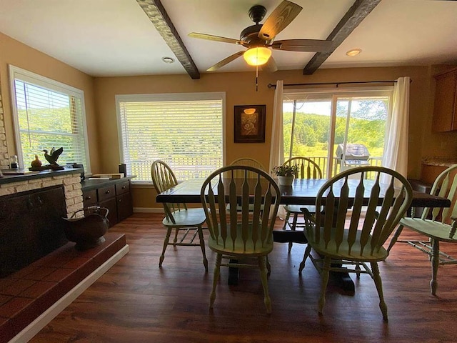 dining room featuring beam ceiling, a wealth of natural light, ceiling fan, and dark wood-type flooring