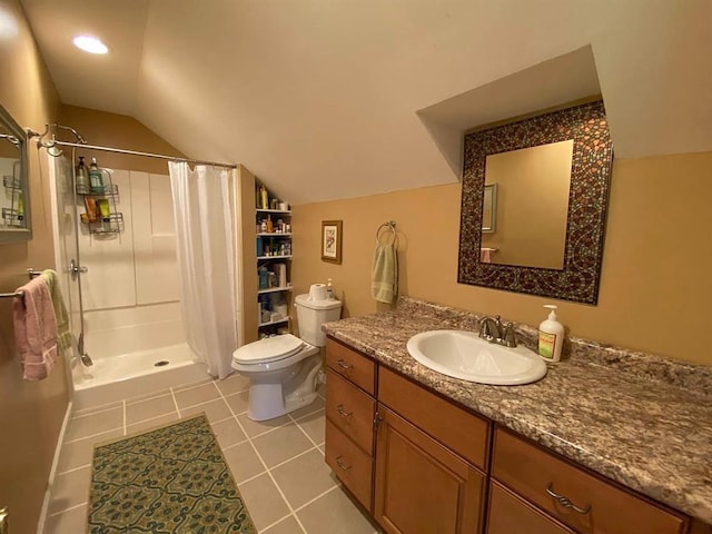 bathroom featuring walk in shower, tile patterned flooring, lofted ceiling, toilet, and vanity