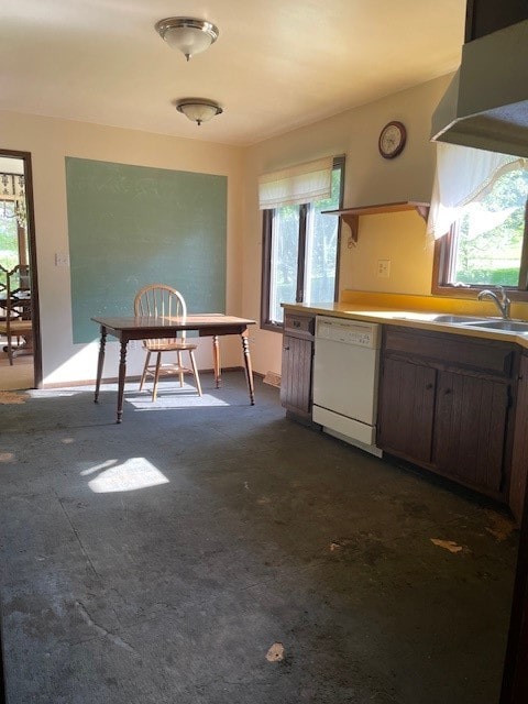 kitchen featuring a healthy amount of sunlight, sink, dark colored carpet, and white dishwasher