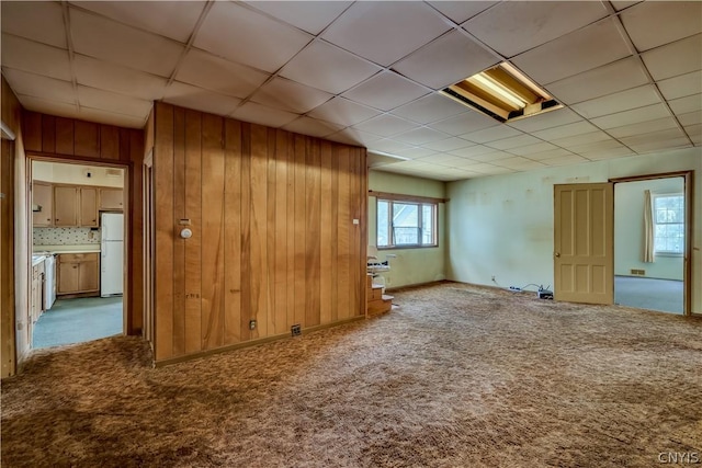 carpeted empty room featuring wooden walls